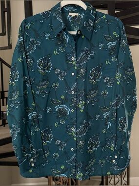 Talbots Classic Teal Floral Long Sleeve Button-Down Shirt